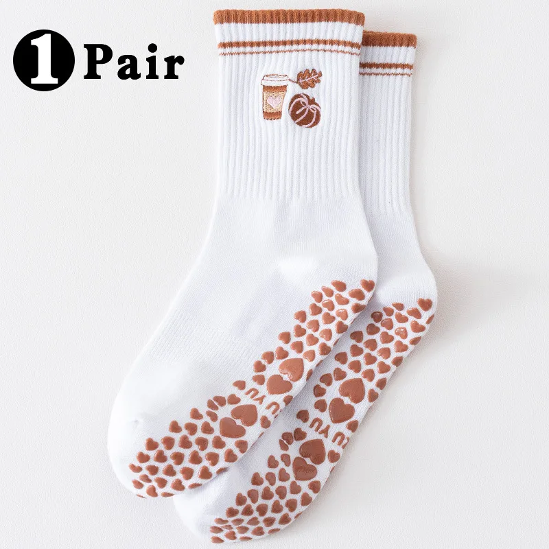 

Белые носки для йоги с коричневыми полосками и вышивкой кофейной чашки, женские носки до середины икры для пилатеса и бега для взрослых