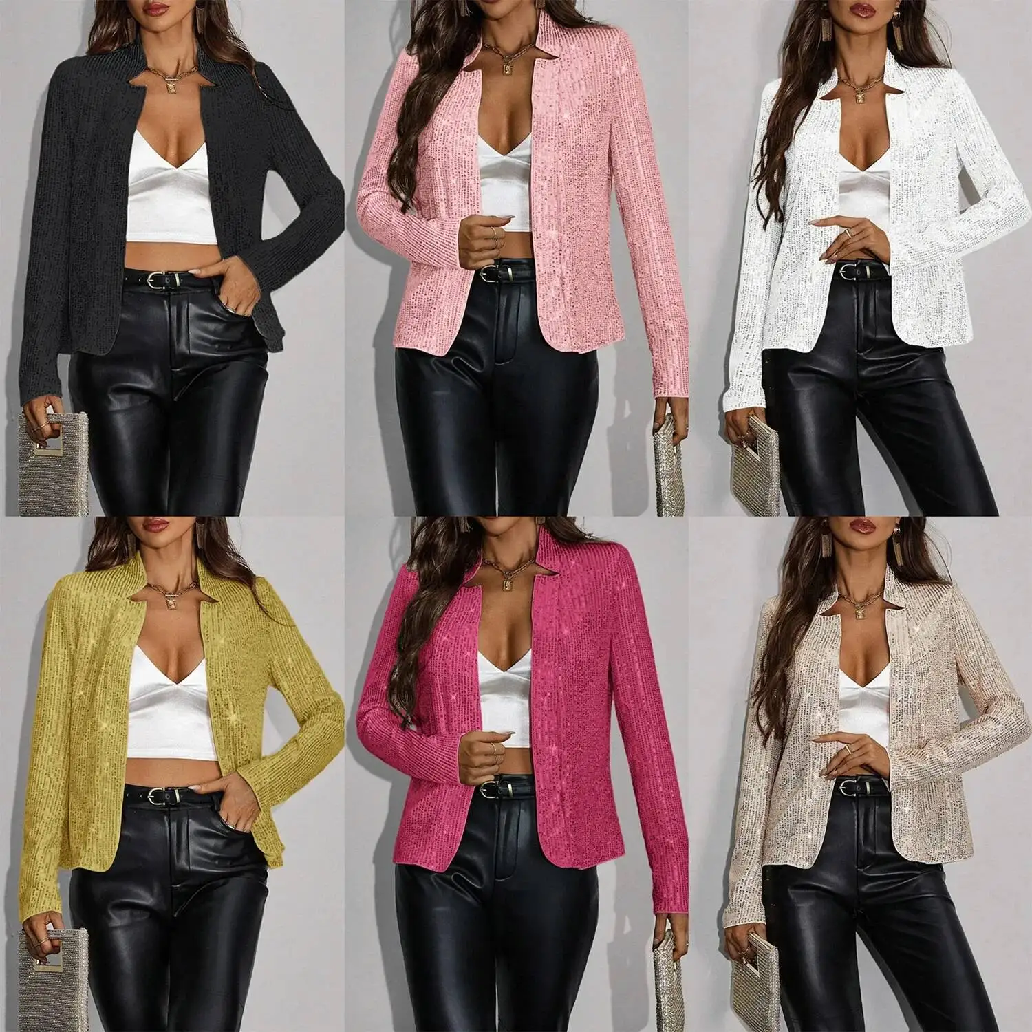 

Fashionable Pure Color Short Sequin Jacket Stand Collar Casual Versatile Women's Outerwear Summer Thin Layer Loose Fit
