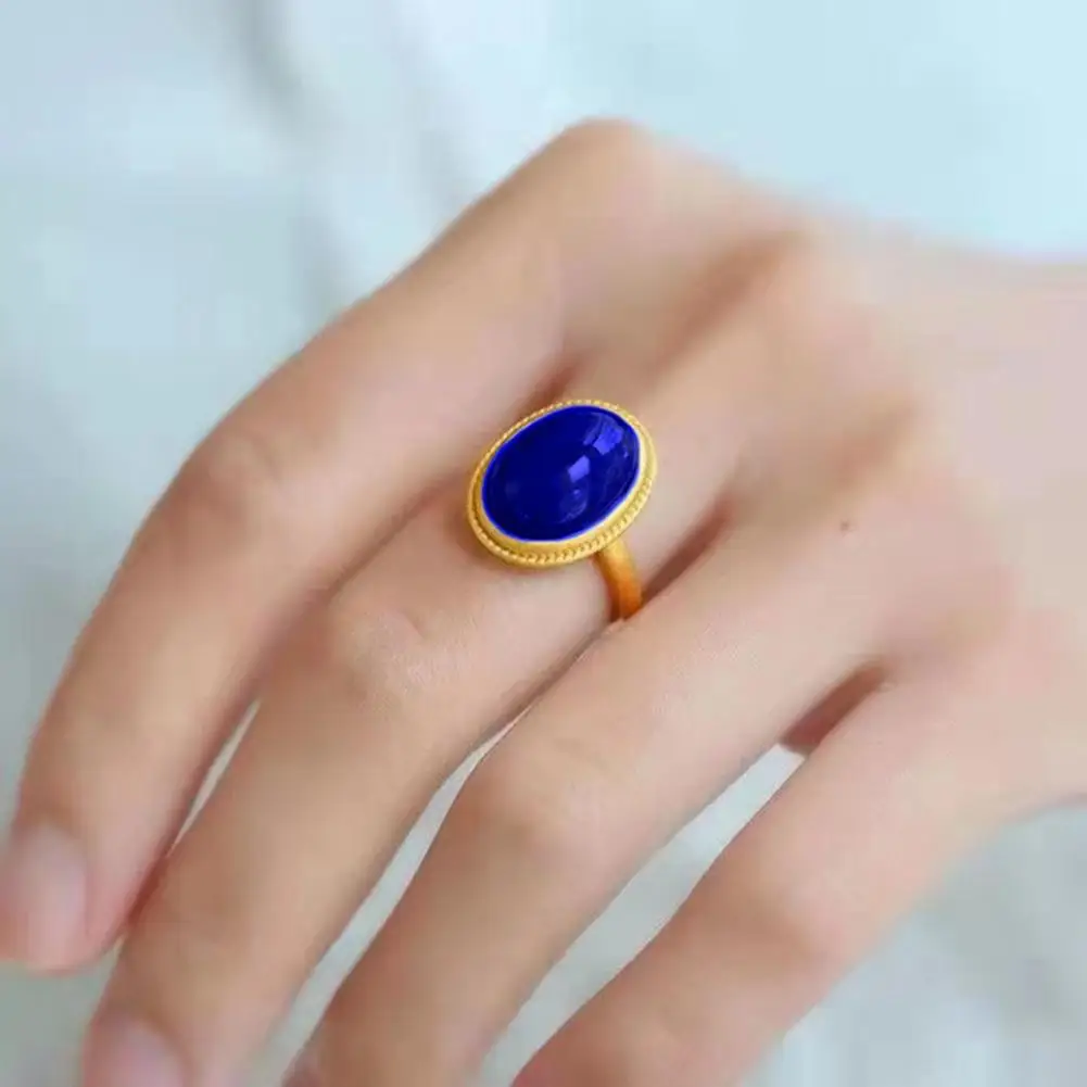 Two-color Electroplated Ring Ethnic Style Natural Stone Ring Adjustable Oval Gemstone Jewelry Women's Anniversary Birthday