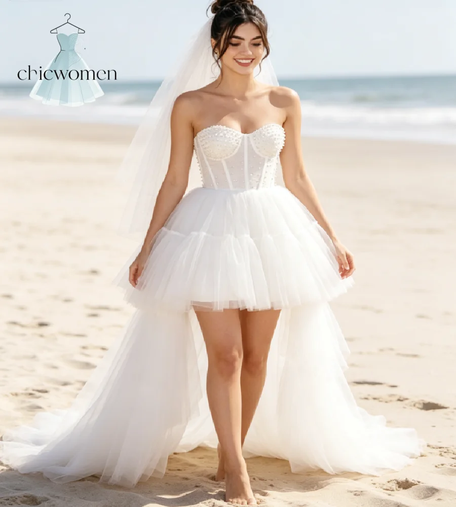 Sexy Hi Low Wedding Dress With Overskirt Train Strapless Pearl Beaded Corset Beach Bride Dresses Elopement Destination Boho Gown