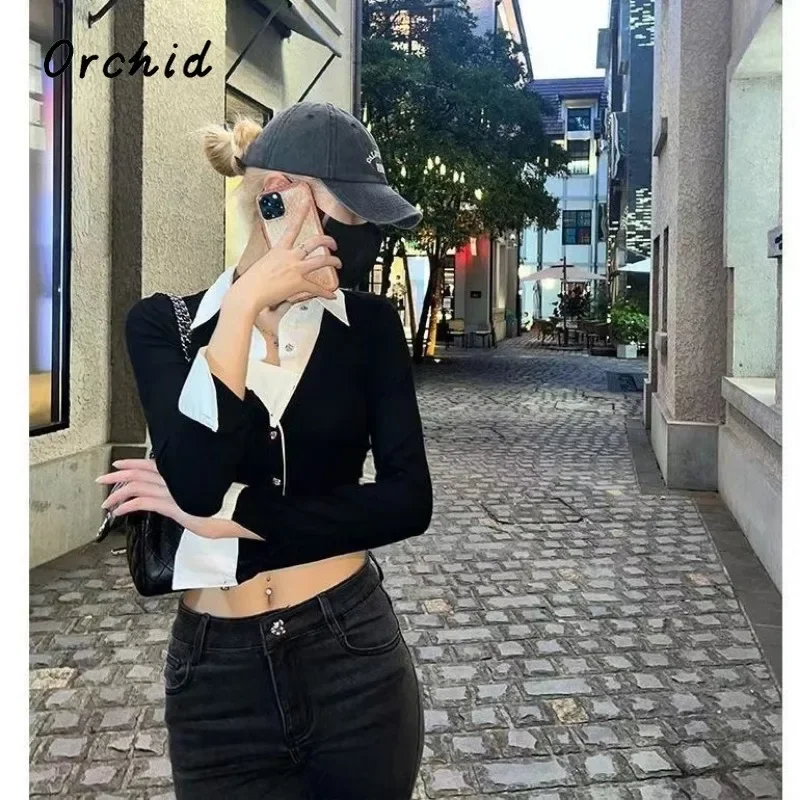 2024 Winter Hotsweet Fake Two Piece Knit Black Long Sleeve Cardigans Women Gyaru Casual Turn Down Collar Chic Sexy Sweater