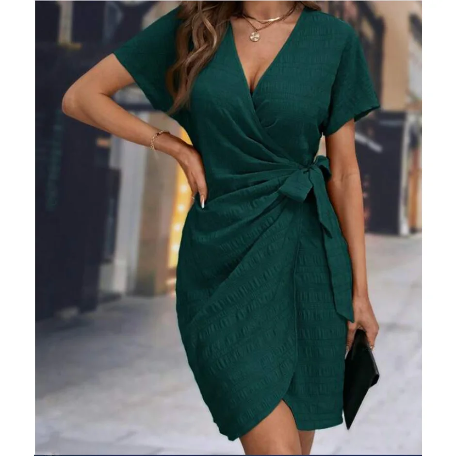 Women's Summer Waist Strap V-neck Dress Solid Color Batwing Sleeve Wrap Knot Side Skirt Irregular Lace-up Cardigan Onesie Skirt