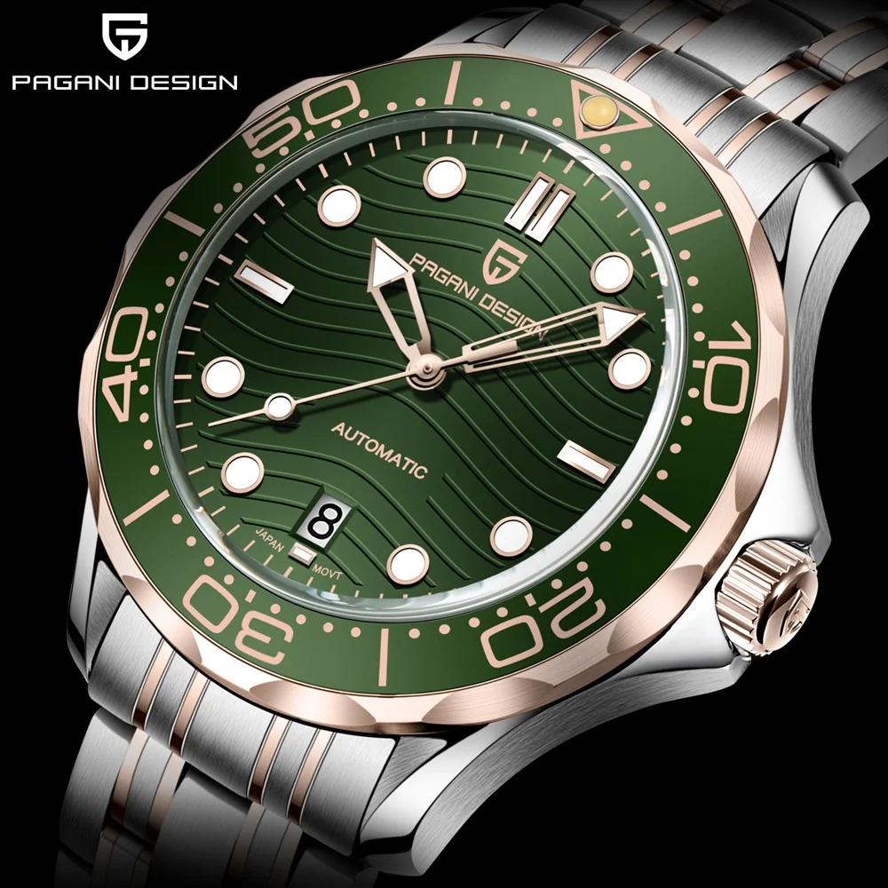 

PAGANI DESIGN PD-1685 Мужские полностью автоматические спортивные волнистые часы из нержавеющей стали NH35A/8215, механизм, керамический безель, резиновый ремешок 1685