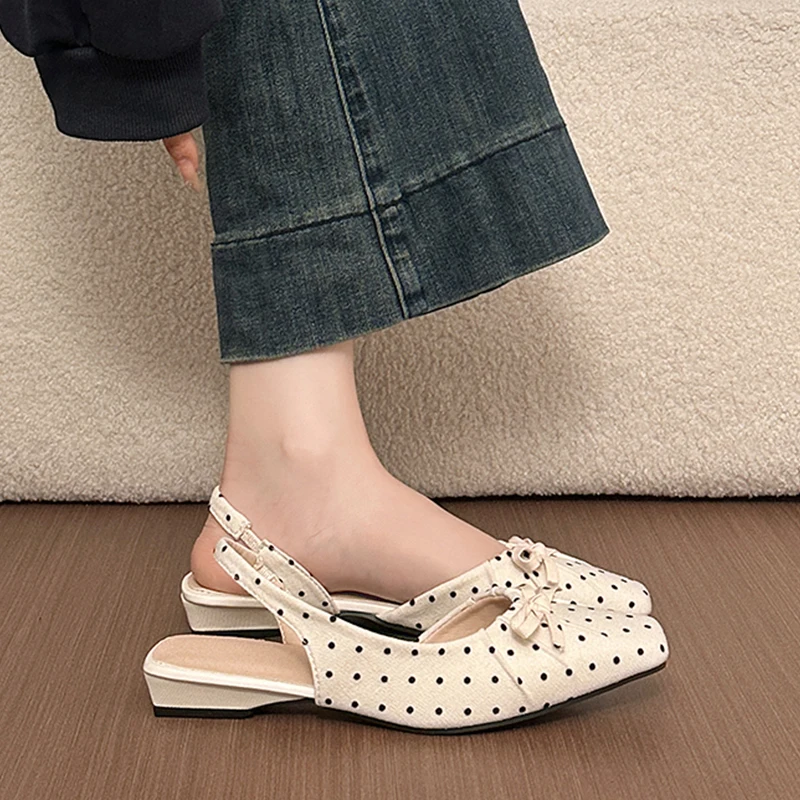 Summer Polka Dot Bow Knot Gentle Sandals Women's Fashion Clog Shoes Slip-On Flat Heel Anti-Slip PU Material Comfortable