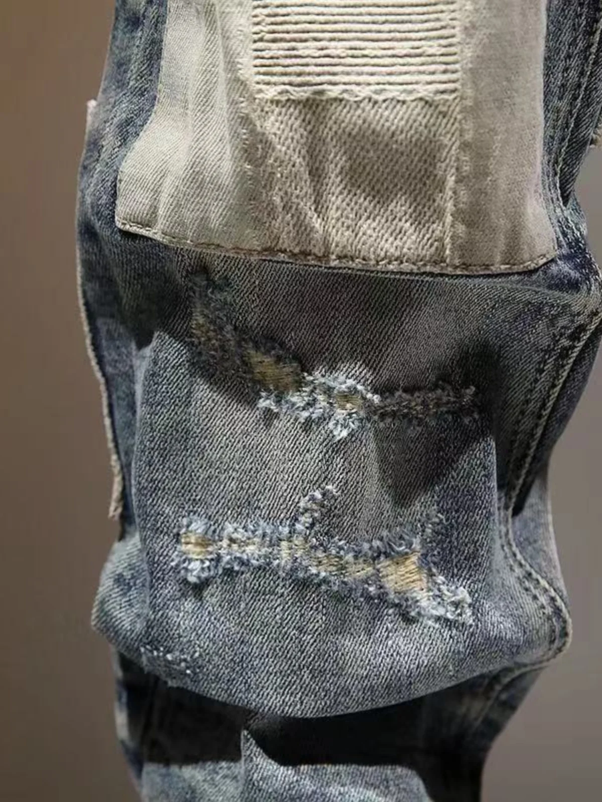 アメリカンレトロパッチワークホールデニムジーンズメンズトレンディブランドHaomeスリムフィット小足弾性ロングパンツ韓国版