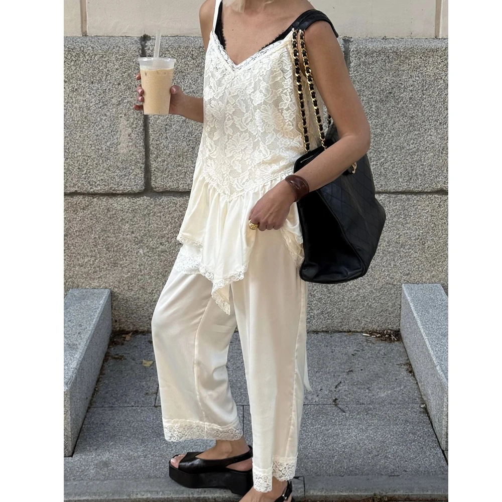 

Women Summer Sexy Lace Floral Sling Satin Tanks Tops y2k Coquette See Through Elegant Sheer Asymmetrical Flowy Camisole Clubwear