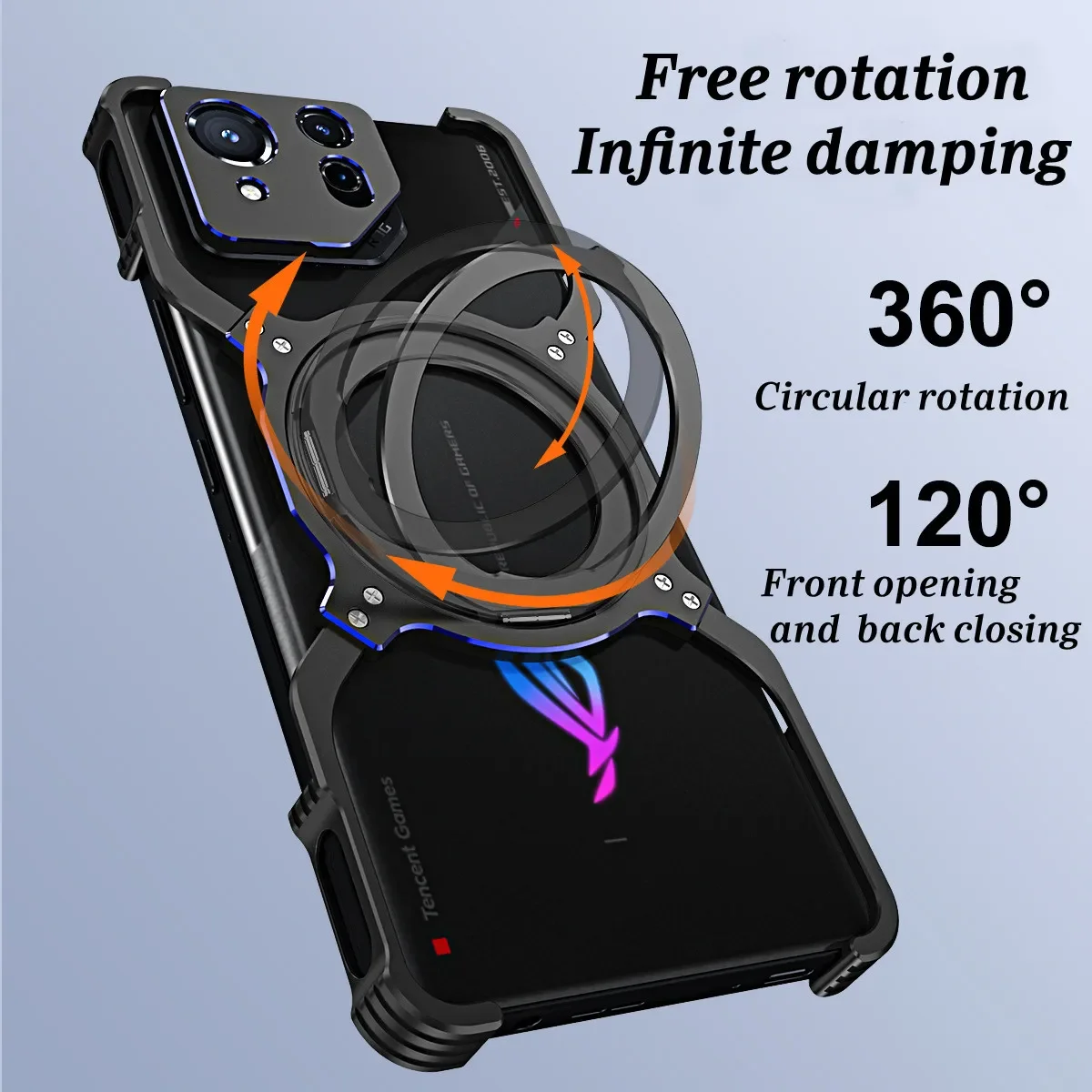 Capa Magnética Sem Borda de Metal para Asus Rog Phone 8 Pro, Bumper Magnético de Liga de Alumínio 360 °   Capa de Telefone com Suporte Giratório para Carregamento