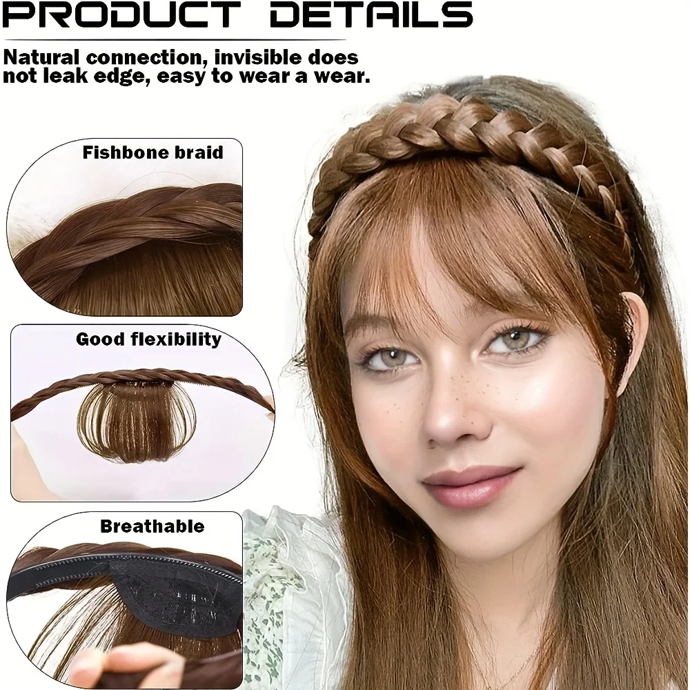 Twist Braid Headband with Bangs Short Straight Synthetic Hair Bangs with Hair Hoop