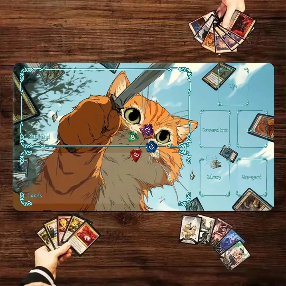 60X35cm Cute Warrior Orange Cat Play mat Zoned Desk Mat Non-Slip Rubber Base Stitched Edges For TCG Card Game