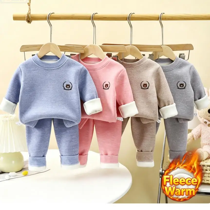 New Children's Warm Underwear Set Boys and Girls Winter Cartoon Plus Velvet Thick Round Neck Sleepwear Two Piece Set for 0-10Y