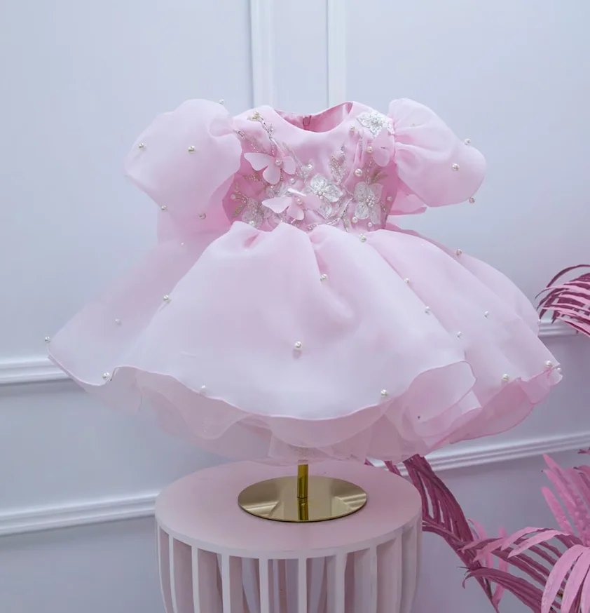 Pink Kids Tutu Bead Tulle Dress Flower Girl Party Dress Photo Toddler First Birthday Girls Baptism Gifts Baby Gift Big Bow