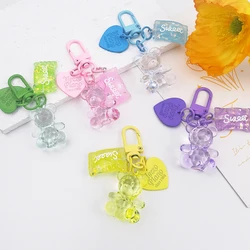 Cartoon Bling Transparent Bear Pendant Keychains With Metal Heart Tag Sweet Charms Keyrings Bag Ornament Car Trinket Accessories
