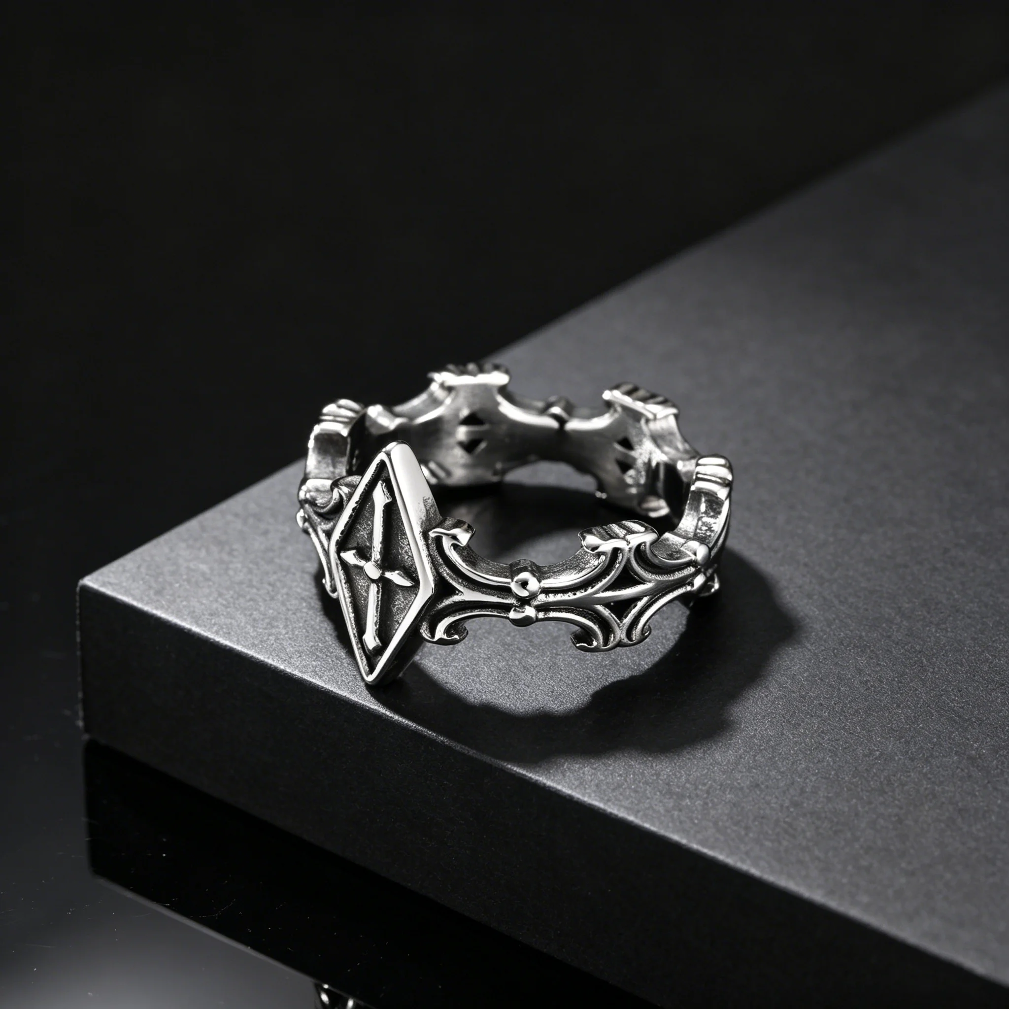 Retro Rhombus Cross Ring for Men, Geometric Carving Stainless Steel Rings, Punk Gothic Cool Jewelry Gift