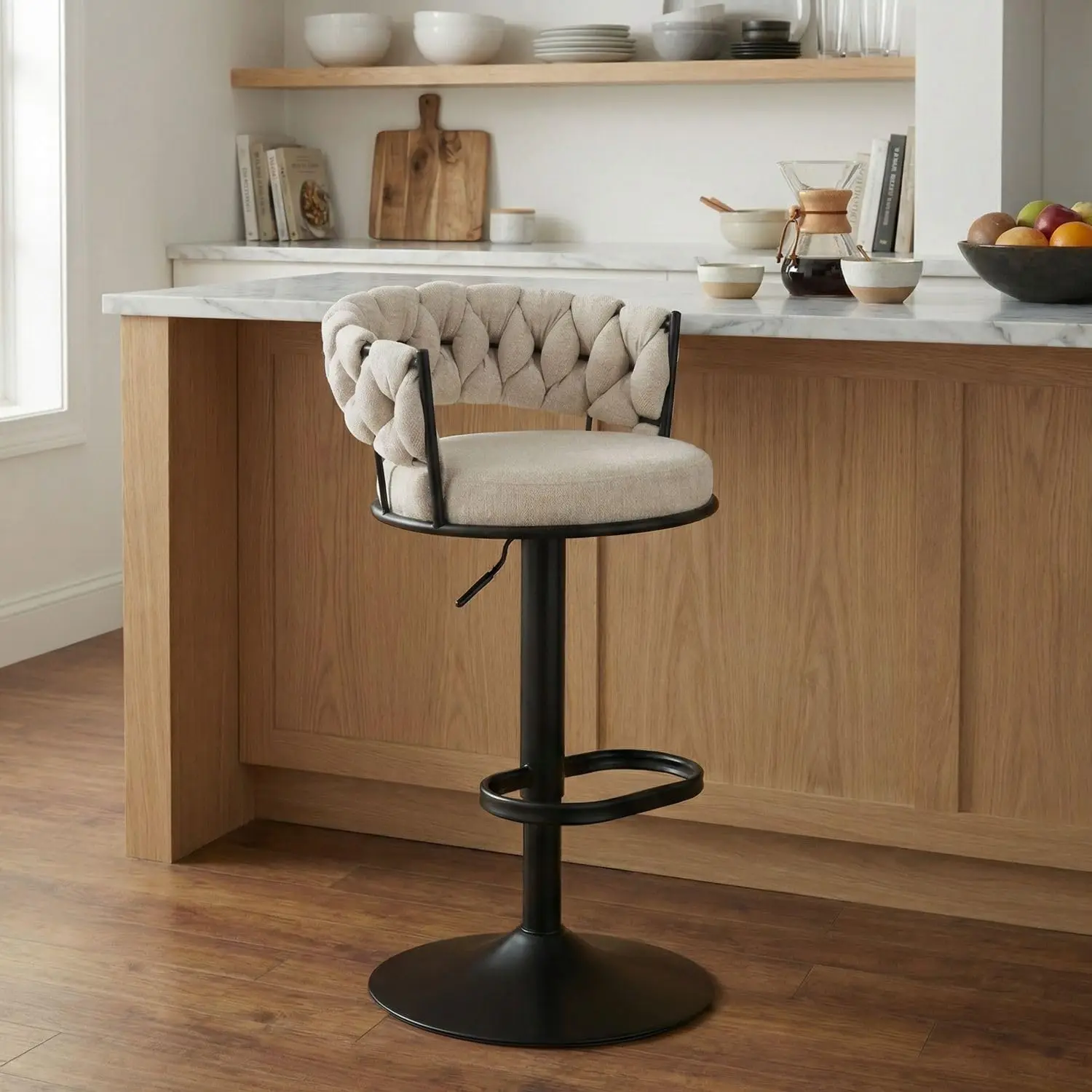 

Bar Stool, Height Adjustable Counter Stool with Woven Back and Armrest, Swivel Bar Chair with Footrest, Chenille Fabric Uphol