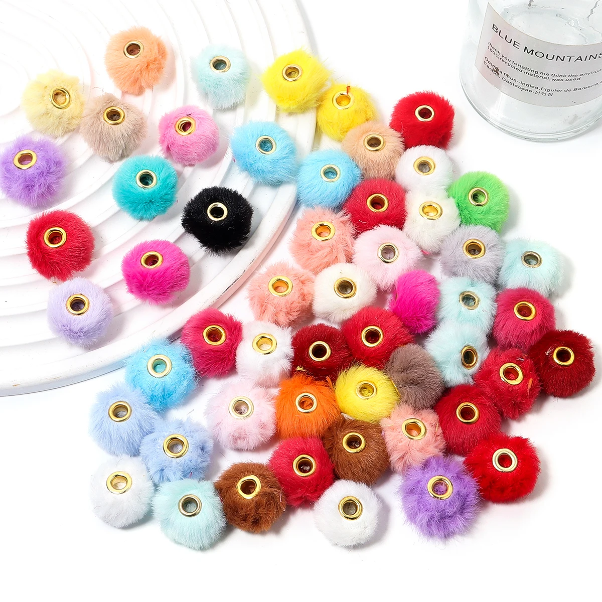 10pcs Plush Fur Covered Ball Beads 2cm Multicolor Pompom Spacer Beads Straight Hole Loose Bead For DIY Jewelry Making Earring