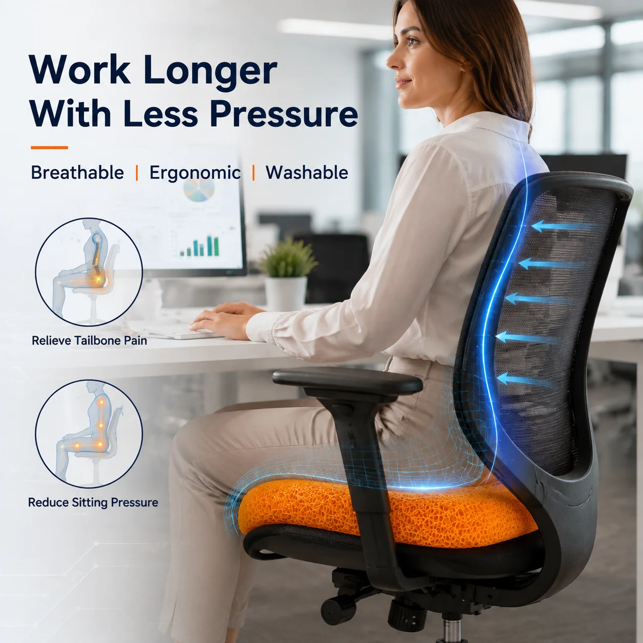 4D TPU Air Fiber Seat Cushion Ergonomic Office Chair Pad Breathable Pressure Relief Cushion Washable Non Slip Driving Cushion
