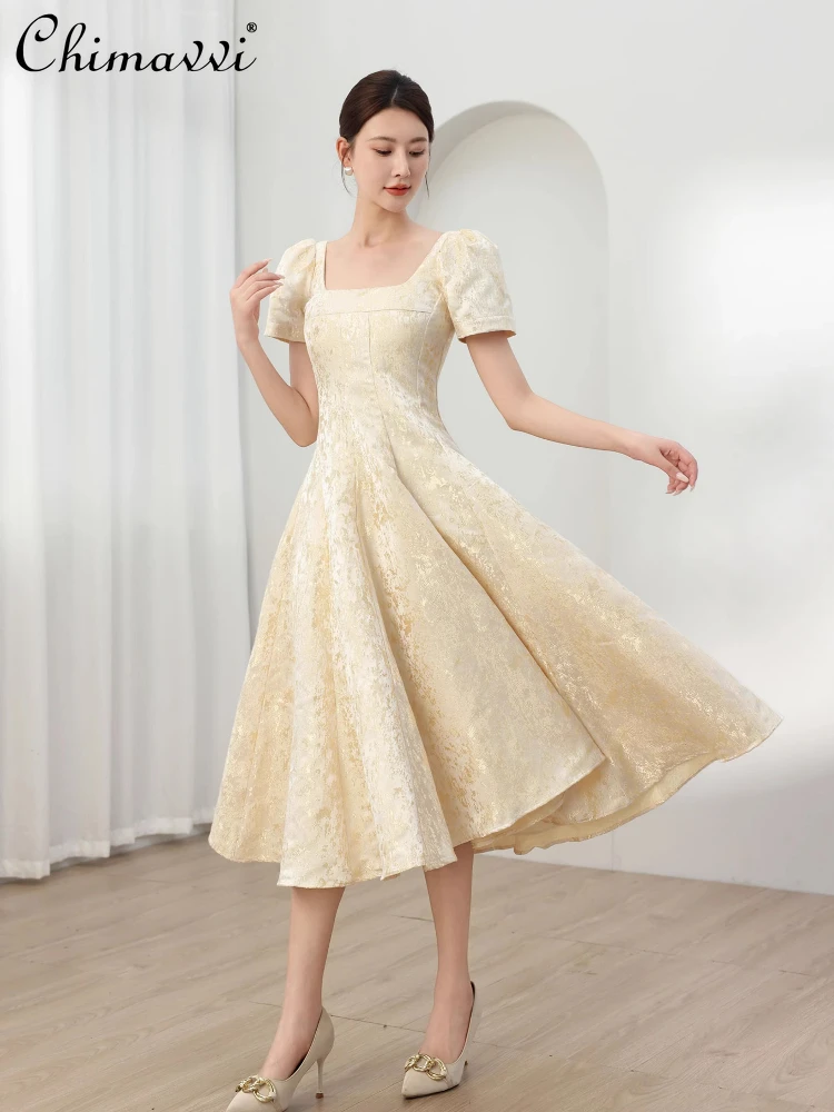 

Французские элегантные темпераментные жаккардовые платья с квадратным вырезом и пышными рукавами, высокой талией, тонкое длинное вечернее платье трапециевидной формы, женское летнее платье