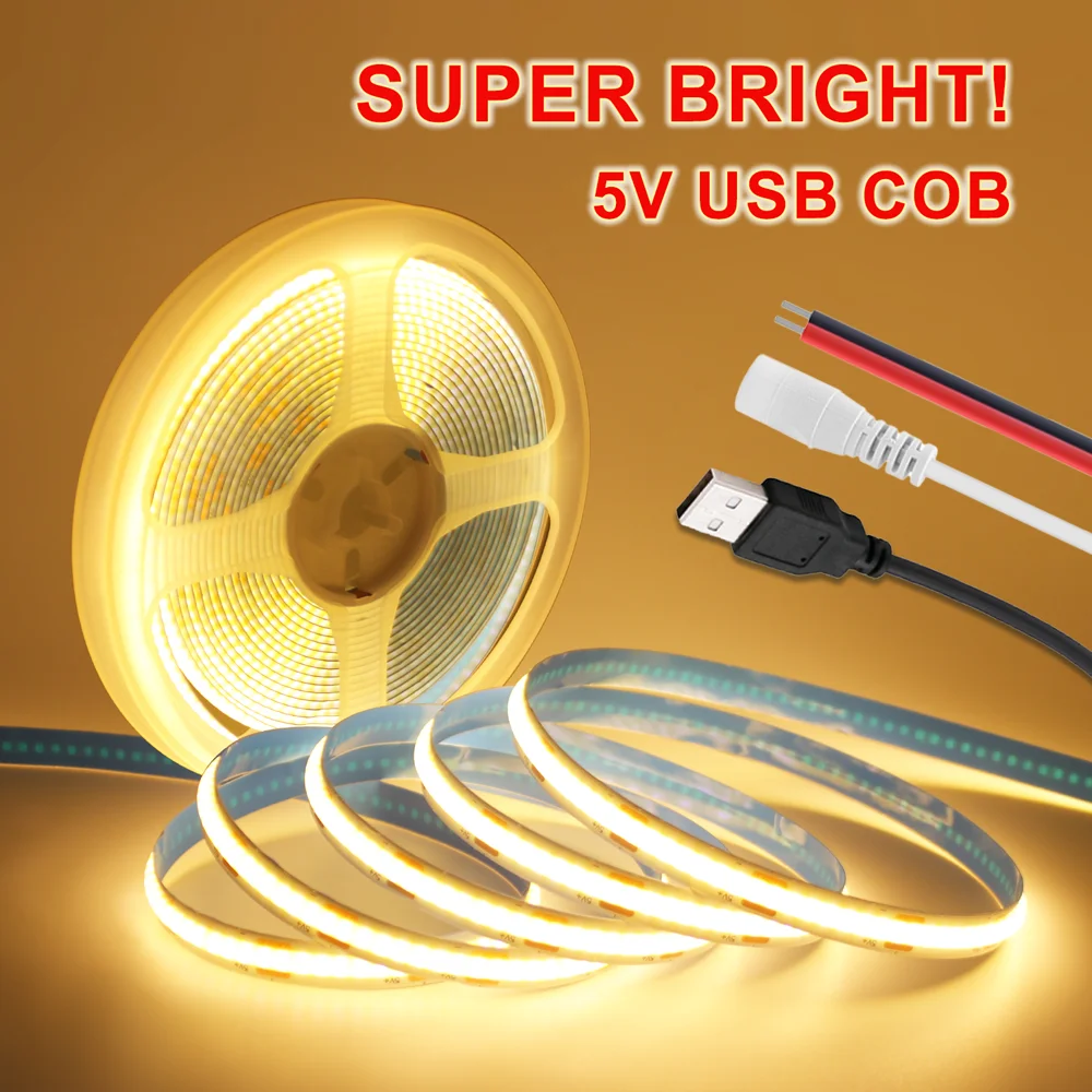 COB LED Light Strip USB/2PIN Wire 5V COB Diode Tape TV Backlight DIY Home Decor 320Leds/M Ribbon High Density Linear Lighting  ﻿