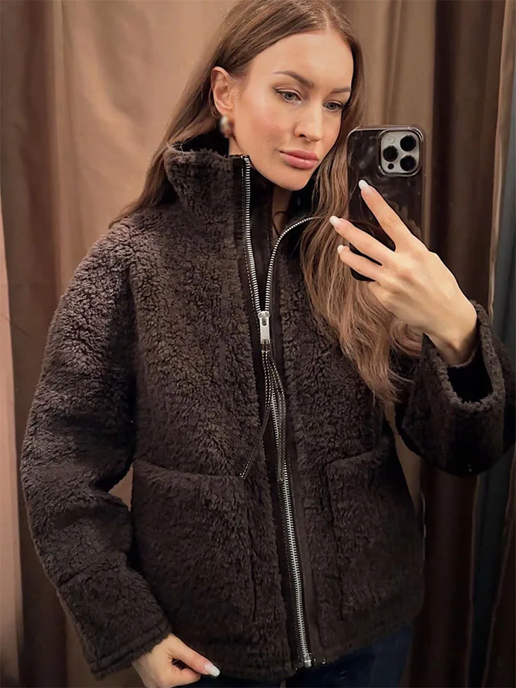 

HH Woman Winter Elegant Warm Street Jacket Women Fashion High Collar Zipper Pocket Long Sleeves Slim Loose Casual Short Coat