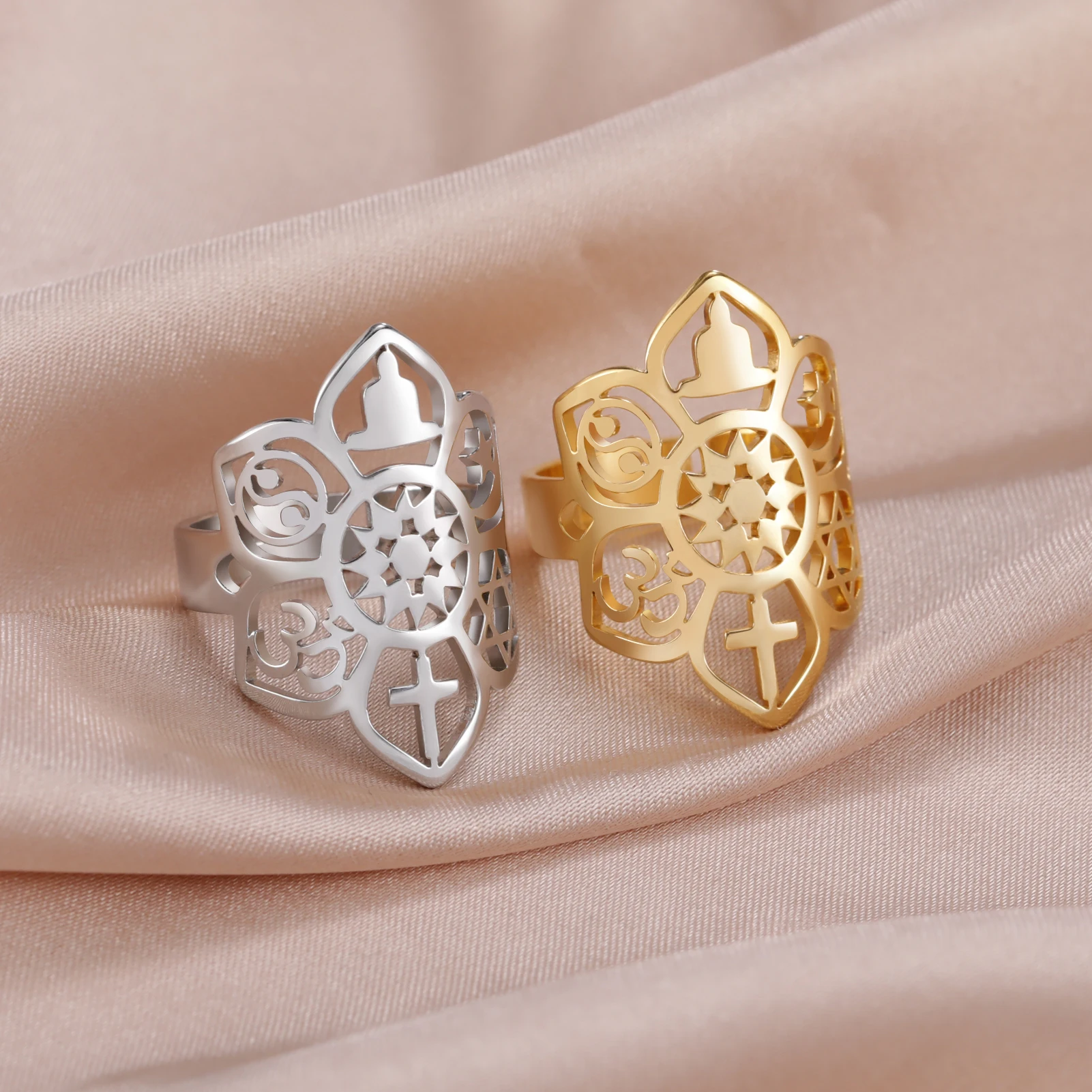 Stainless Steel Open Ring Star of David Vintage Cross Lotus Flower YinYang Moon Adjustable Rings Jewelry Exquisite Amulet Gifts