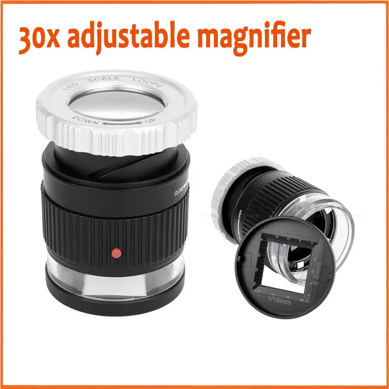 

30X LED Illuminated Adjustable Cylindrical Magnifier Magnifying Glass Lens Antique Jewelry Measurement Textile Printing Lupa