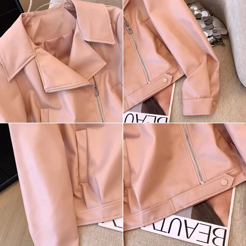 Black PU leather Jacket Women's 2024 Spring Autumn New Female Slim Lapel Motorcycle Jackets Top Ladies Short Zipper Outwear