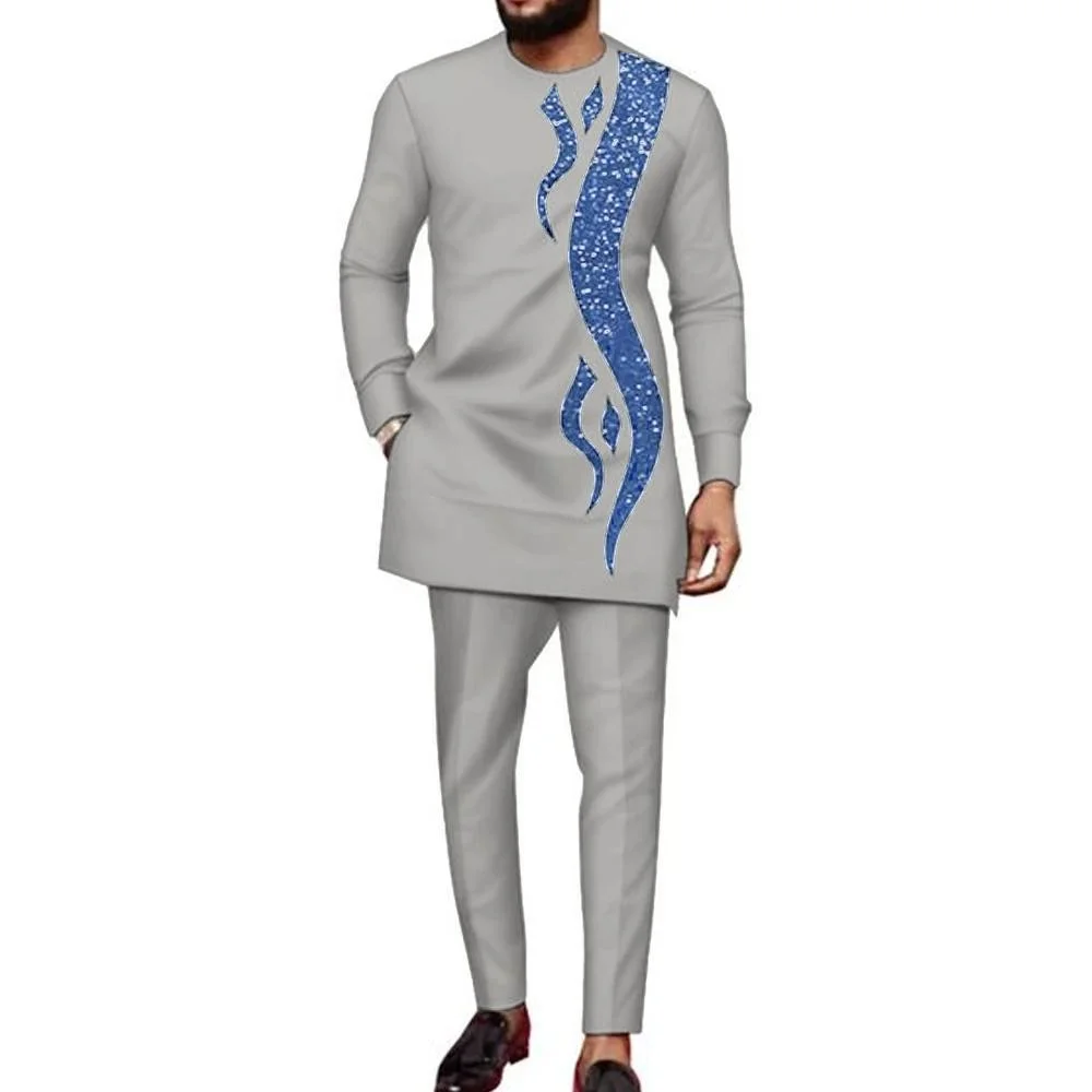 New African Traditional Men's Set Grey Comfortable Cotton Embroidered Round Neck Long Sleeve Casual Two Piece Set Dashiki Style