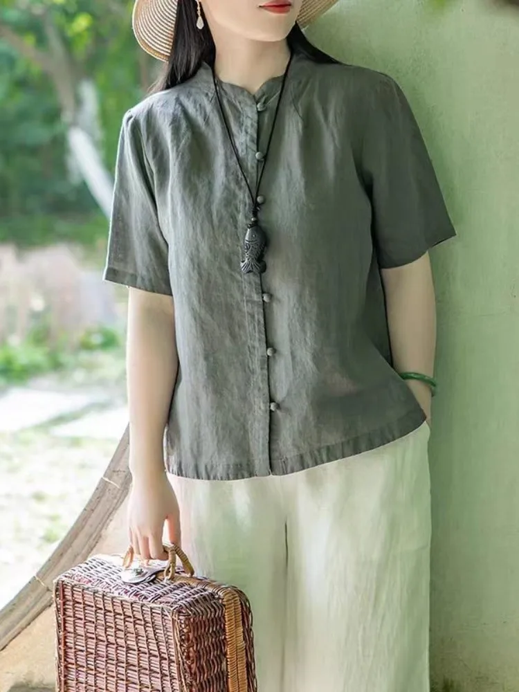 Cinese Sle Retro Bottone Cotone Lino Or Sve Irt Donna Estate Colore puro Semplice Zen Sle Lino Irt Top dimagrante...