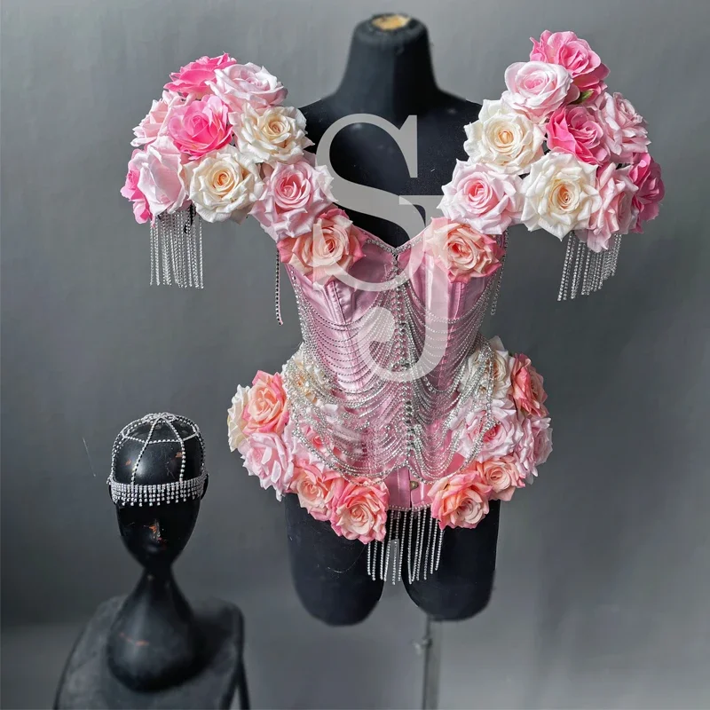 Body Vintage avec chaîne de forage à fleurs pour femmes, tenues de Festival, Costume de danseuse Gogo, robe de Jazz sur scène, vêtements Rave