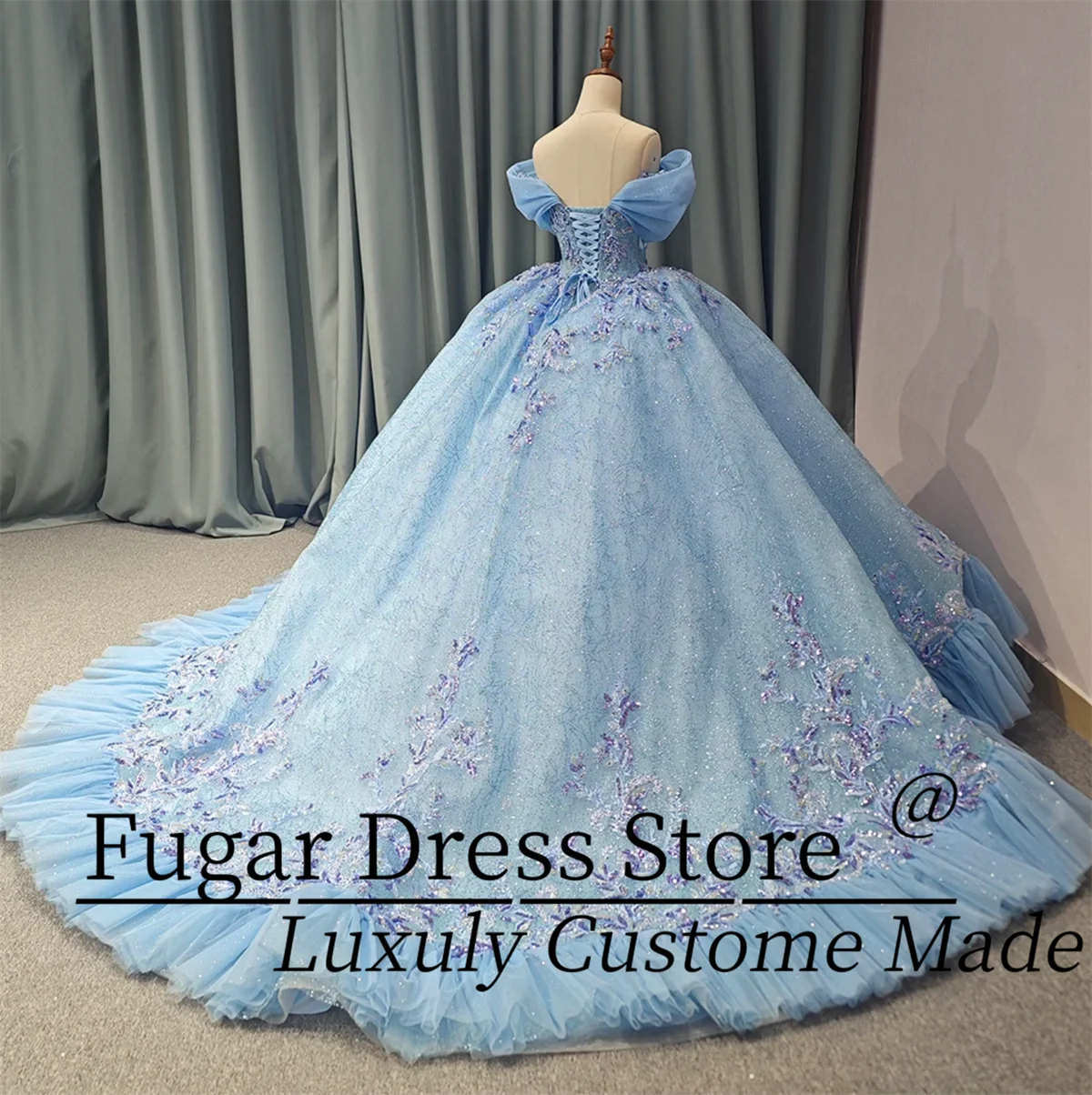 ชุดเดรส Quinceanera สีน้ำเงินแบบกำหนดเอง แขนฟูฟ่องหลายชั้น ประดับด้วยลูกปัดทำมืออย่างหรูหรา ชุดราตรีทรงบอลกาวน์ vestidos de 15 quinceañera