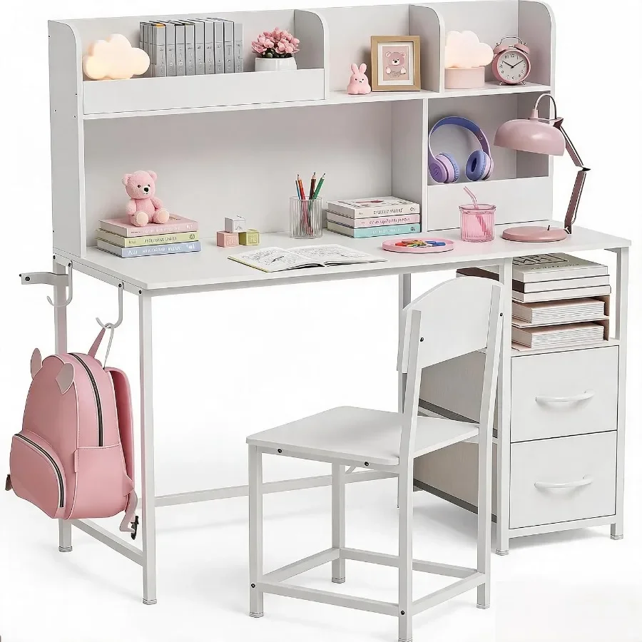Wooden Desk and Chair Set with Drawers for 6-12 Year Old, Girls Boys