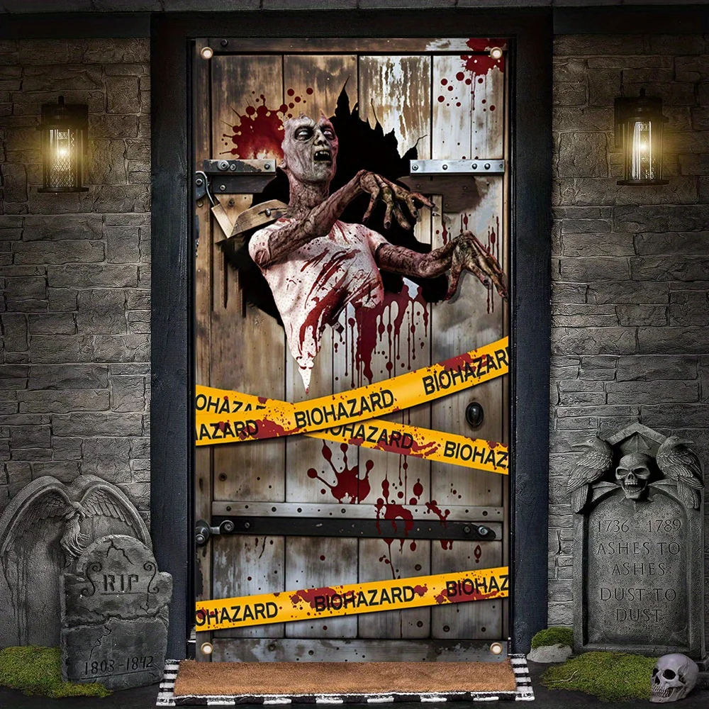 Happy Zombie Isolation Zone Curtain - Halloween party decoration, no electricity required, polyester material.PMJ