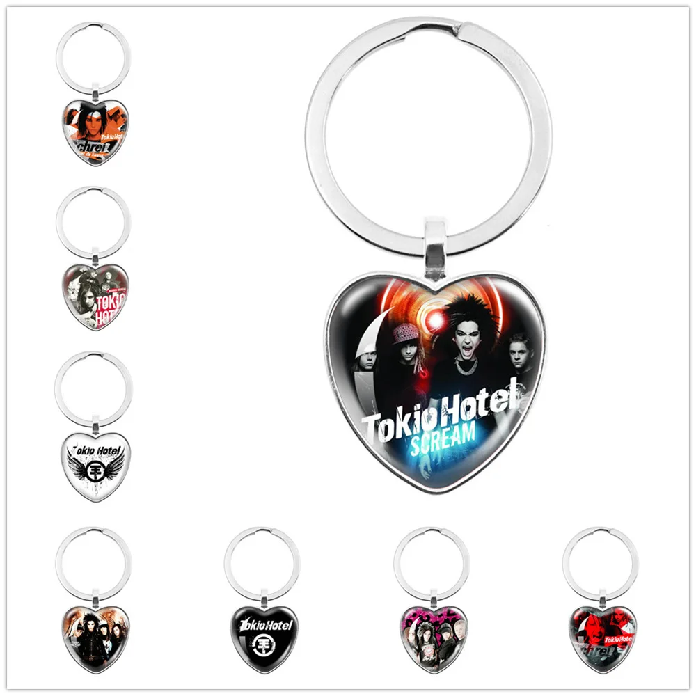 Tokio Hotel Keychain Rock Band Bill Kaulitz Hot Music Songer Picture Glass Heart-Shape Pendant keychain Jewelry Charm Fans Gift