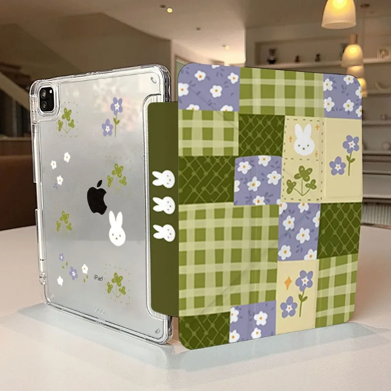Kawaii Bunny Green Purple Patchwork Plaid Acrylic Case For iPad 9/10th 11thA16 Air8 Pro 11in Air6/7 Mini6/7 8.3 Protective Cover