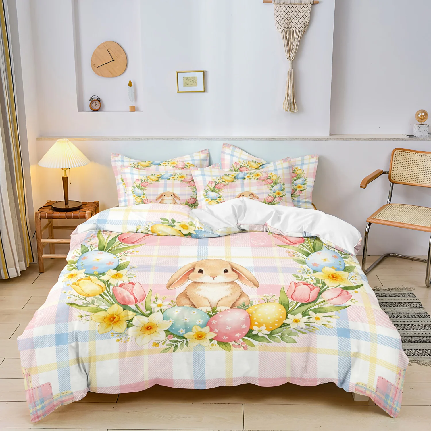  3Pcs Pastel Plaid Bunny Print Duvet Cover Set, Spring Flower Egg Holiday Print Bedding, Soft Microfiber Home Decoration
