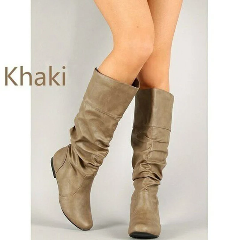 

Autumn Winter Flat Long High Boots For Women Height Increase PU Leather Round Toe Slip-On Luxury Women Boots