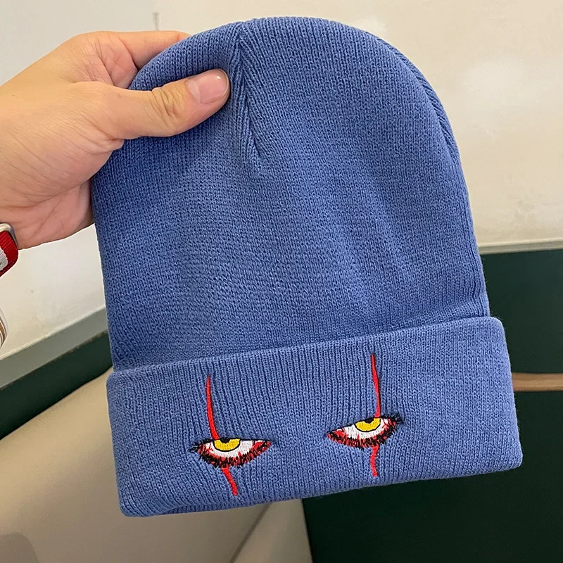 Gorros de lana bordados, gorro tejido con ojos de payaso aterrador, gorro de hip-hop con cobertura cálida, gorros de lana para Halloween