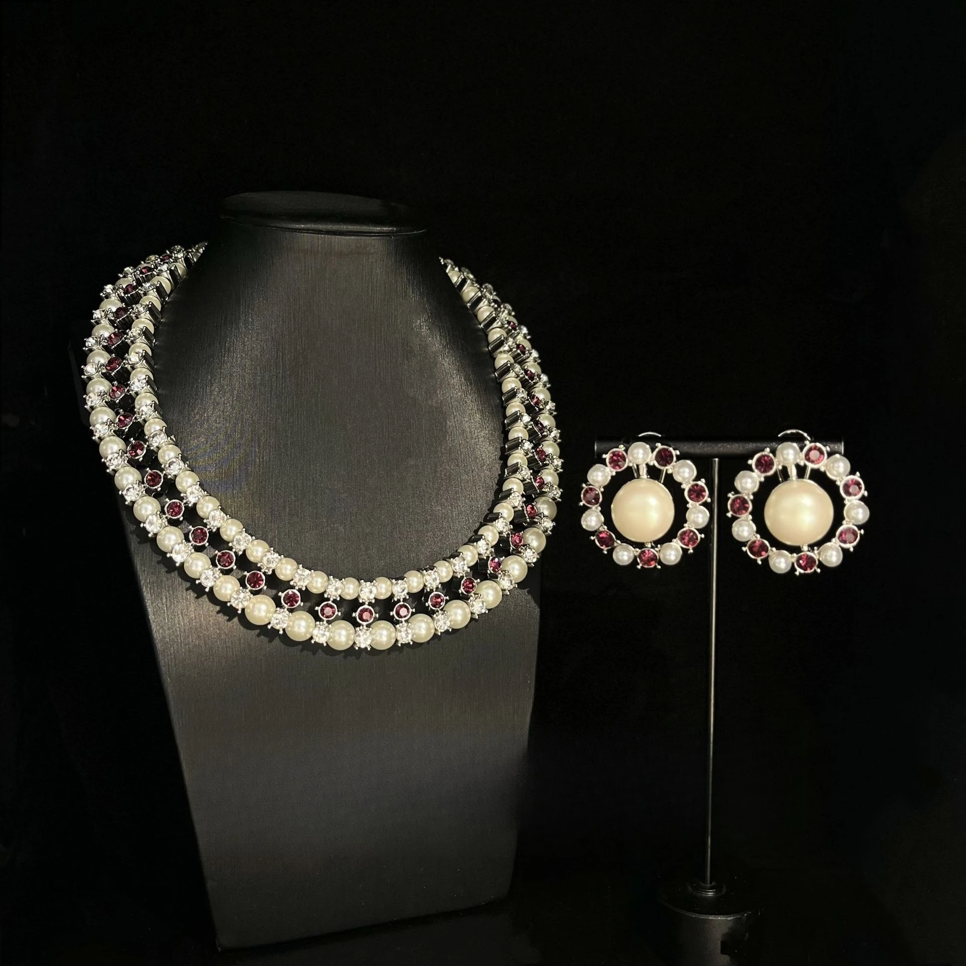 

Жемчужное ожерелье и серьги, винтажные ювелирные изделия с кристаллами, элегантный дизайн с красными драгоценными камнями для женщин, аксессуары для свадебной вечеринки, банкета