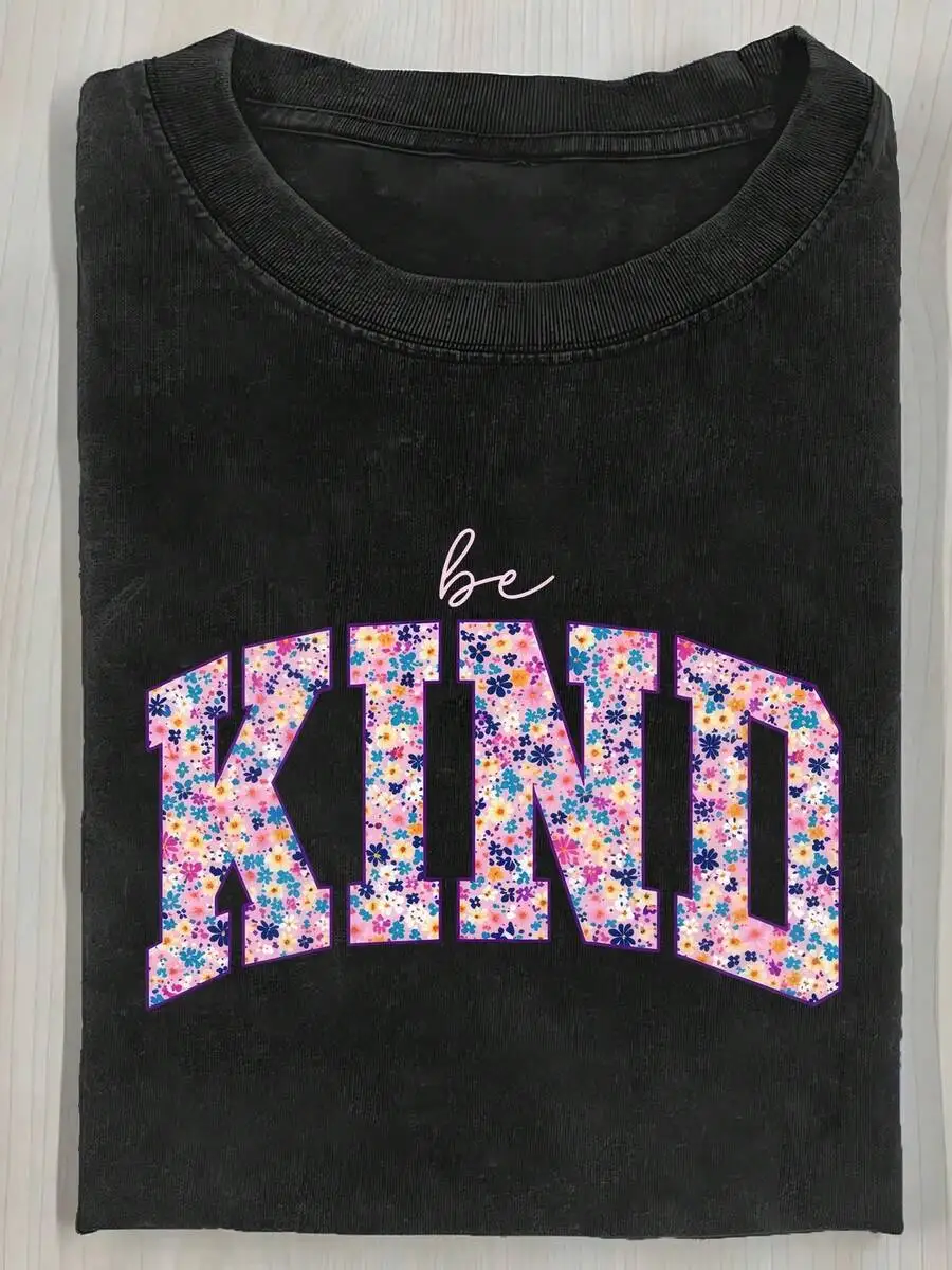 

Womens Vintage Washed Cotton Tee With Floral Letter Print Loose Fit Crew Neck Short Sleeve