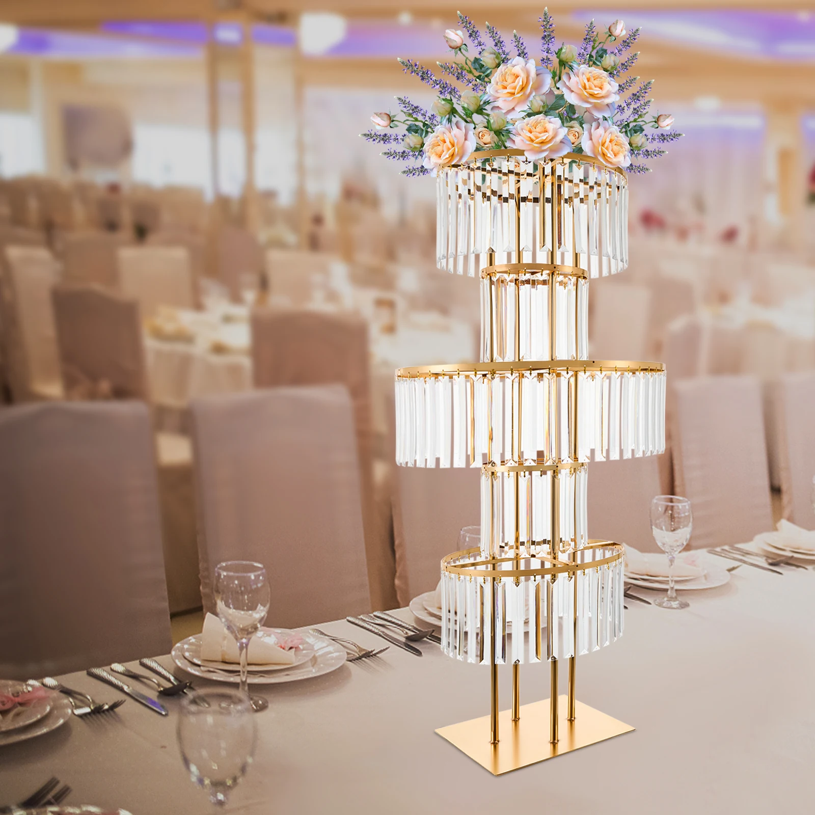 5-Tier Gold Display Stand, 110cm High Crystal Wedding Centerpieces Floral Rack, Free Standing Flower Stand for Banquet, Festival, Birthday Party