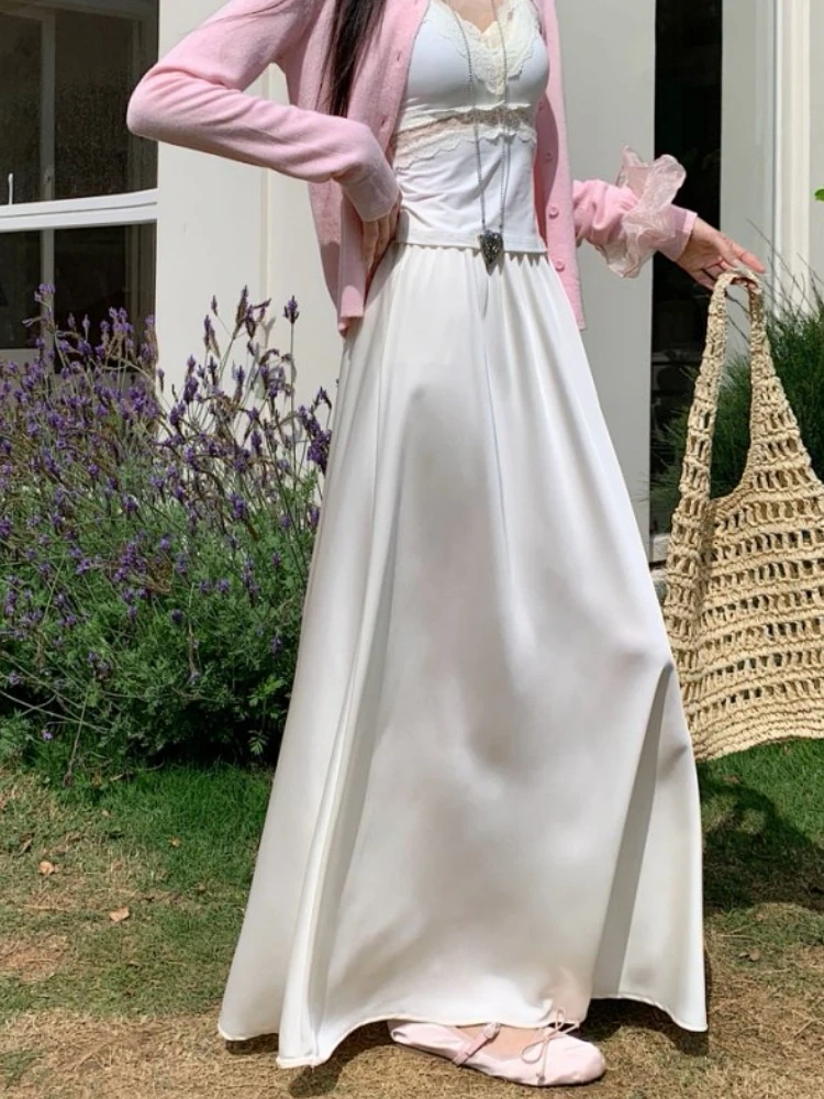 

Qiukichonson French Chic Long Skirts Womens Satin Skirts 2025 Spring Summer Korean Goth High Waisted Ruffle Pleated Skirts rok