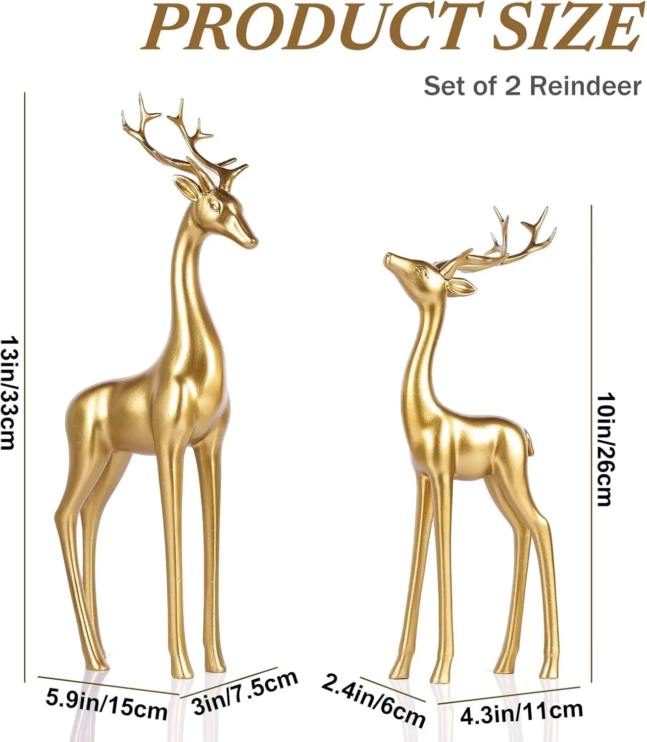 Juego de figuritas de renos dorados grandes: estatuas de ciervos de resina de 13" de alto para decoración navideña del hogar, mesa o repisa