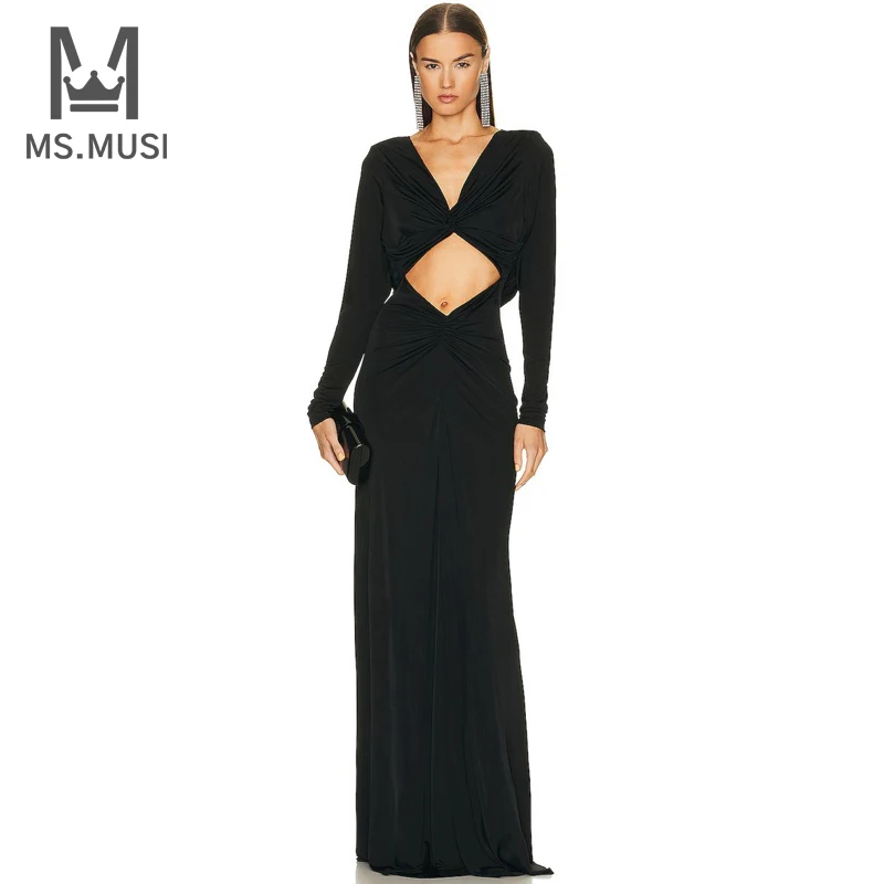 

MSMUSI 2024 New Fashion Women Sexy Hollow Out Draped Fold Long Sleeve Bodycon Party Club Event Maxi Dress Gown Vestidos Xmas