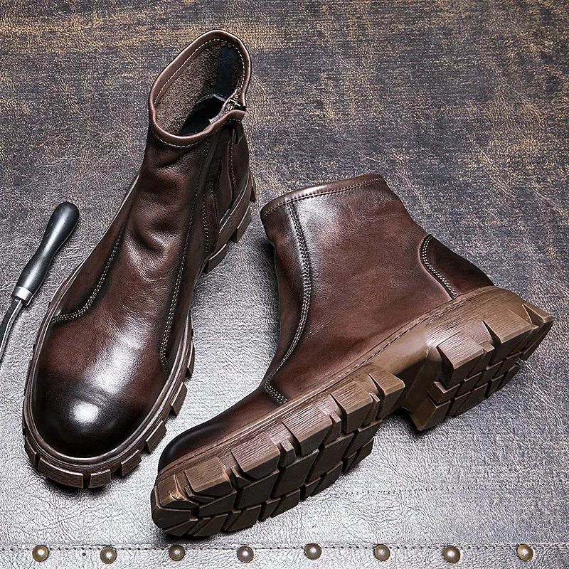 

Retro nostalgic cowhide men's boots, genuine leather short boots, plush warm winter shoes