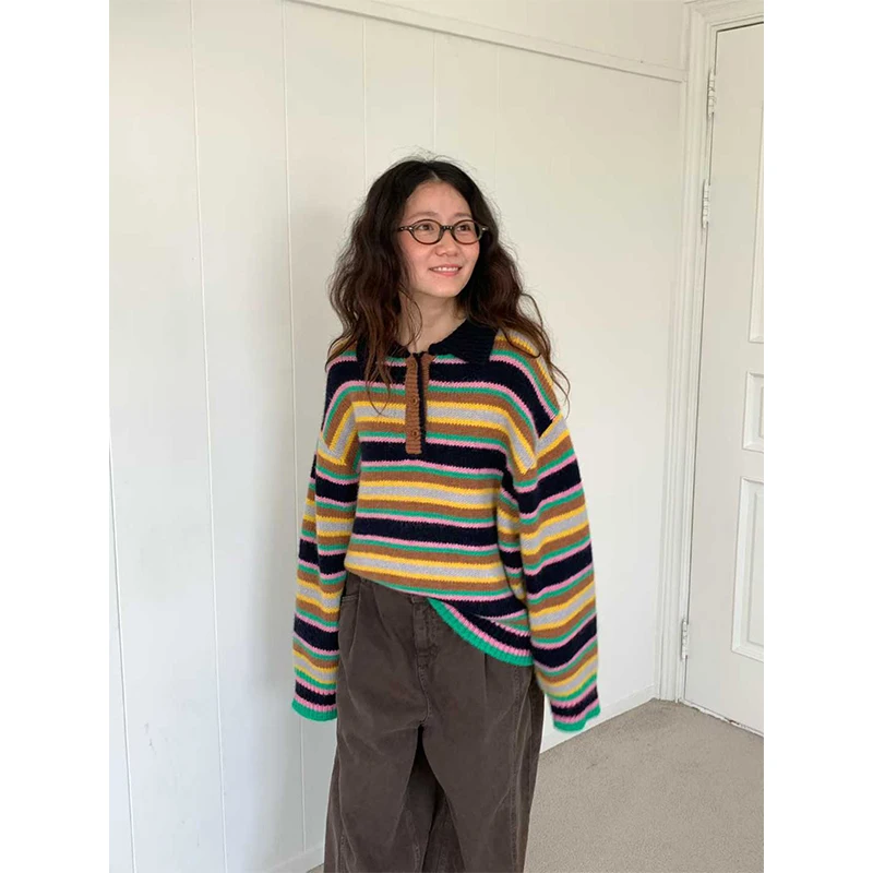 

Полосатый свитер в стиле Харадзюку, женский винтажный лоскутный вязаный пуловер, уличная одежда, корейский трикотаж с длинными рукавами, зимние свободные джемперы