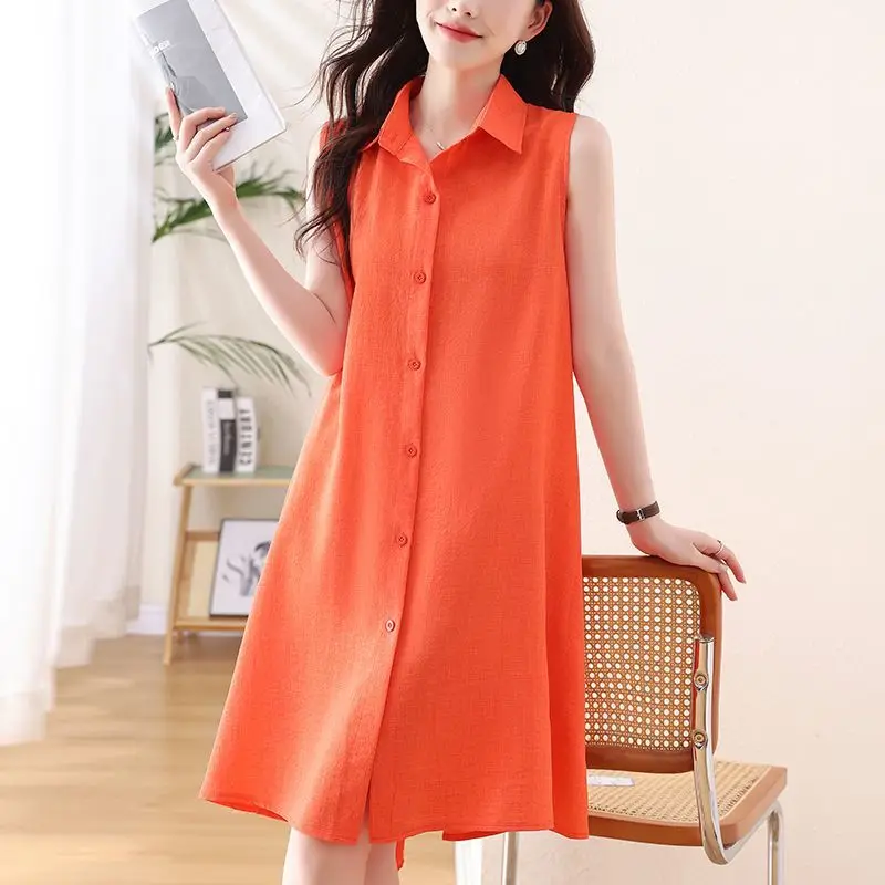 

Orange Sleeveless Button Front A-Line Dress Casual Summer Women's Loose Fit Turn Down Collar Solid Color Mid Length Dress
