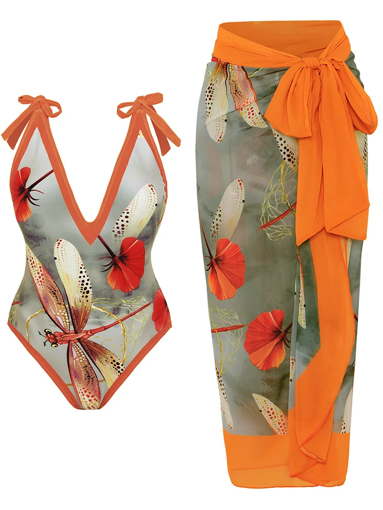 Maiô feminino de uma peça com posicionamento de libélula + saia longa com gravata estampada em chiffon