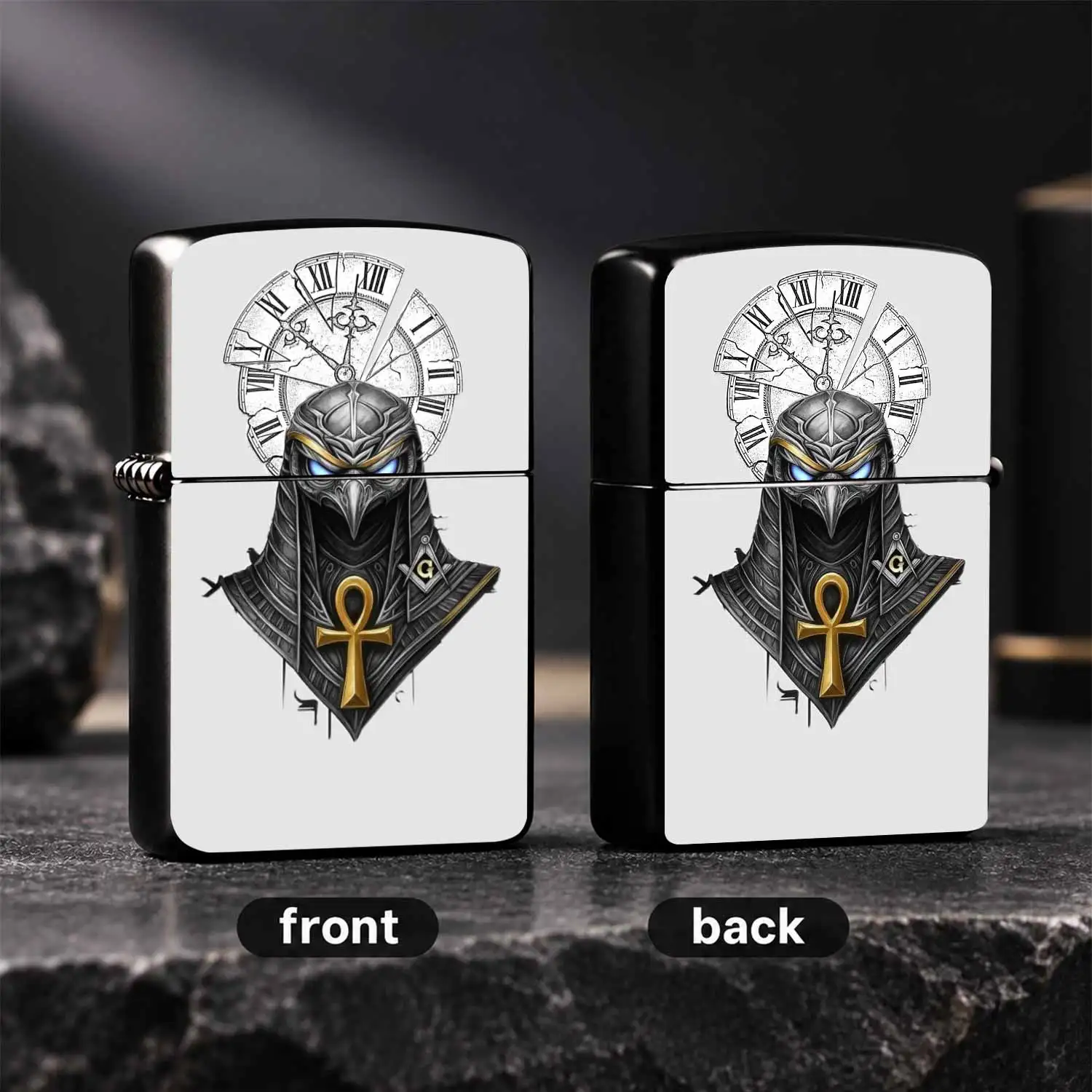 Vintage Egyptian Horus Themed Lighter Striking Blue Eyes Design With Ankh Symbol Broken Clock Elements Stylish Decor Accessory For Daily Commute Outdoor Activities Ideal Unique Gift For Friends And Hobbyists For All Scenarios A Humorous And