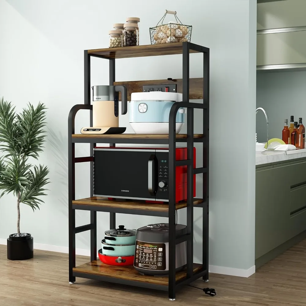 

Kitchen Bakers Rack with Power Outlet ,Microwave Stand ,Coffee Bar Table 4 Tiers,Kitchen Racks And Shelves