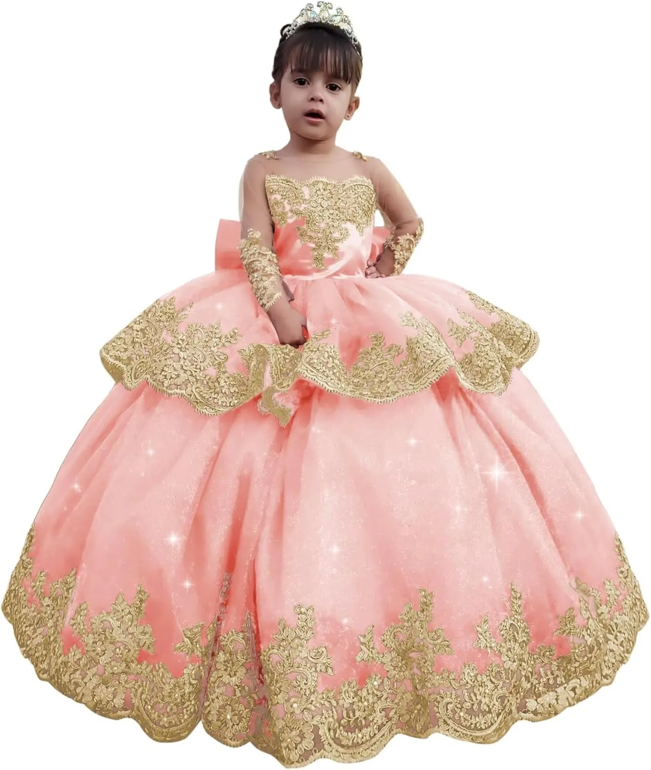 Платье с цветочным узором для девочек с длинными рукавами и бантом, многоуровневое золотое кружевное фатиновое пышное платье принцессы, детское бальное платье для дня рождения по индивидуальному заказу